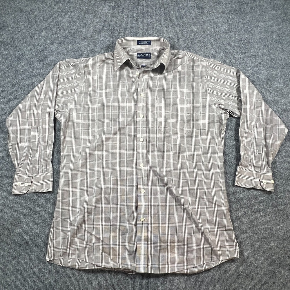 Stafford Dress Shirt Mens 16.5 Beige White Plaid Cotton Blend Fitted Button Up